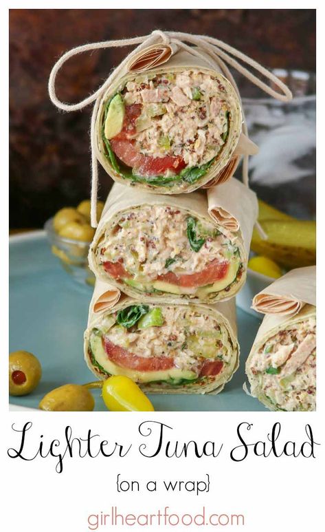 Looking for a tasty, easy lunch idea? Try this tuna salad with Greek yogurt! It's a lighter tuna salad made on a wrap (though, you can use your favourite bread).  Enjoy as is or with a pickle for one yummy meal. #tunasaladwithgreekyogurt #tunawrap #lightertunasalad #tunasaladrecipe #tunawraprecipe #tunasaladwrap #tunaavocadowrap #tunawithgreekyogurt #tunasalad #lunchidea #wraprecipe #cannedfishrecipe #cannedtunarecipe Canned Tuna Wrap Recipes, Healthy Tuna Wrap, Tuna Wraps Healthy, Tuna Wrap Ideas, Tuna Wrap Recipe Healthy, Tuna Salad With Greek Yogurt, Tuna Wrap Recipe, Light Tuna Salad, Tuna Salad Wrap