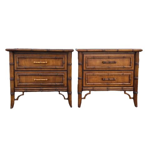 Now Available! Genuine Dixie Aloha nightstands feature faux bamboo and their original dark wood finish. They are in good vintage condition with scuffs and chips in the finish from normal wear and age. This set includes 2 nightstands. Each measures 26” wide x 17” deep x 24” high. Click to order. DM for a shipping quote. Shipping cost depends on the distance from Fort Myers, FL. Free local pickup is available in Fort Myers, FL. #vintagefurniture #oldflorida #fauxbamboo #ellewoodworthy #fortmye... Brown Wood Furniture, Coastal Chinoiserie, Nightstand Set Of 2, Bedside Tables Nightstands, Wood Nightstand, Faux Bamboo, Bedside Tables, Greek Key, Fort Myers