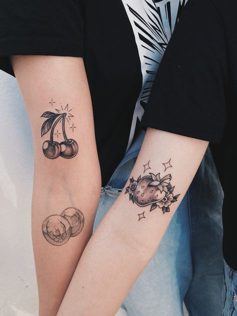 Two different tattoos on different people. One has a strawberry and the other has two cherries. Pink Cherry Tattoo, Black Cherry Tattoo, Flashes Tattoo, Best Friend Tattoo, Cherry Tattoo, Cherry Tattoos, Tattoo Board, Girl Tattoo, Best Friend Tattoos