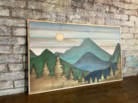 Mountain Wood Wall, Mountain And Forest, Mountain Wood Wall Art, Boho Mountain, Wood Quilt, Landscape Nursery, Wood Boards, Mountain Forest, Rustic Blue