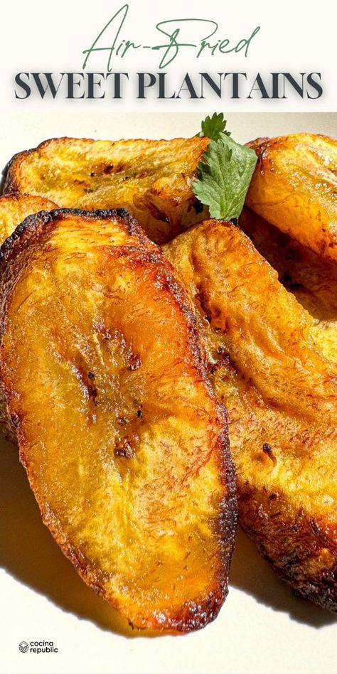 You’re going to love these sweet fried plantains, because maduros or sweet plantains are traditionally fried or pan-fried, but these are air-fried needing less oil, and less cleanup. Whether you're familiar with Latin or Jamaican food or just discovering it, this air-fried plantain recipe is so good! If you’re looking for plantain recipes sweet, this one is a hit. These are so easy to make and so delicious! Air Fryer Plantains Sweet, Air Fry Plantains, Recipes For Plantains, Nigerian Plantain Recipes, Plantains Recipes Sweet, Air Fried Plantains, Fried Plantains Sweet, Boiled Plantain Recipes, How To Fry Plantains