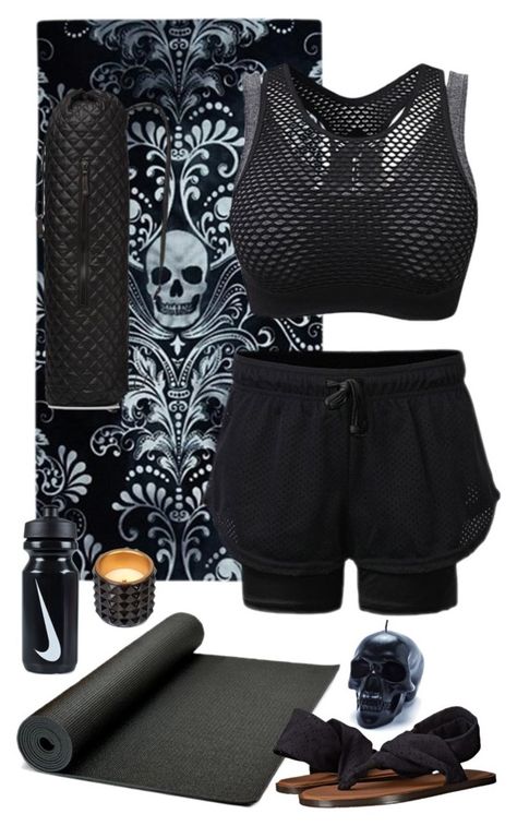 Health Goth Yoga Outfit C by blackbettyblog on Polyvore featuring sanuk, M Z Wallace, Killstar, WoodWick and NIKE Punk Gym Outfit, Goth Athletic Wear, Goth Sportswear, Alternative Activewear, Goth Activewear, Health Goth Outfits, Goth Workout, Goth Yoga, Health Goth