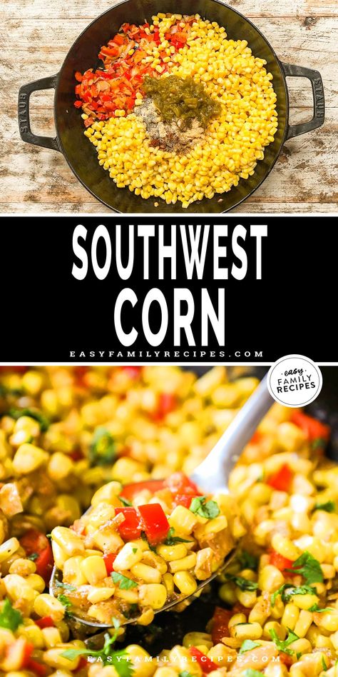 This Southwest Corn recipe is super simple for a side dish that’s easy to make and family friendly too! Made with canned, fresh, or frozen corn along with red bell pepper, onion, diced green chiles and seasoning for a full-of-flavor side dish that’s perfect with Tex-Mex, Southwest, or Mexican entrees. We love this Southwest-style corn recipe and make it all the time. Corn And Peppers Side Dishes, Mexican Corn Recipes Side Dishes, Side Dish For Fajitas, Southwest Vegetables, Southwest Corn Recipe, Spanish Corn, Fajita Side Dishes, Corn Sides, Mexican Corn Side Dish