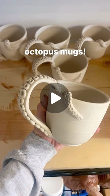 Murphy Pottery on Instagram: "So many in progress!! These take literally so long to make but it’s a labor of love and I’m learning they are a fan favorite :) this is a new kind of clay I’ve never used before- after firing it will be white with black speckles 🤩🤩  #pottery #octopus #ceramics #handmade #drinkware #handmademug" Ceramic Mug Ideas Handmade, Octopus Ceramics, Pottery Octopus, Pottery Mug Ideas, Octopus Pottery, Ceramic Handbuilding, Ceramic Mugs Handmade, Ceramic Octopus, Clay Octopus