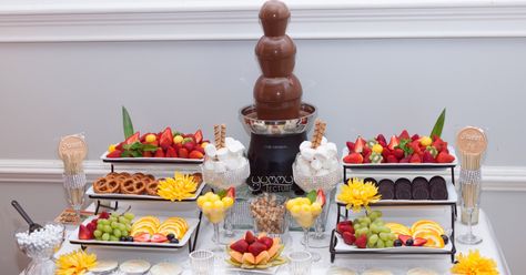 Chocolate fountain and fruit display Fruit Chocolate Fountain, Fruit With Chocolate Fountain, Chocolate Fountain Set Up Ideas, Chocolate Fountain Display Ideas, Chocolate Fountain Bar Display, Chocolate Fountain Ideas, Chocolate Fountain, Reception Dessert Bar, Chocolate Fountain Bar