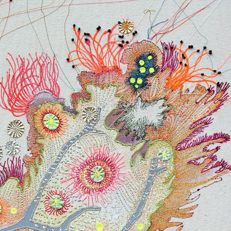 Louise Gardiner Contemporary Embroidery, Beading Textiles, Beaded Flower Embroidery, Lawn Inspiration, Elizabeth Pawle, Louise Gardiner, Edgy Embroidery, Watercolour Embroidery, Embroidery Art Modern