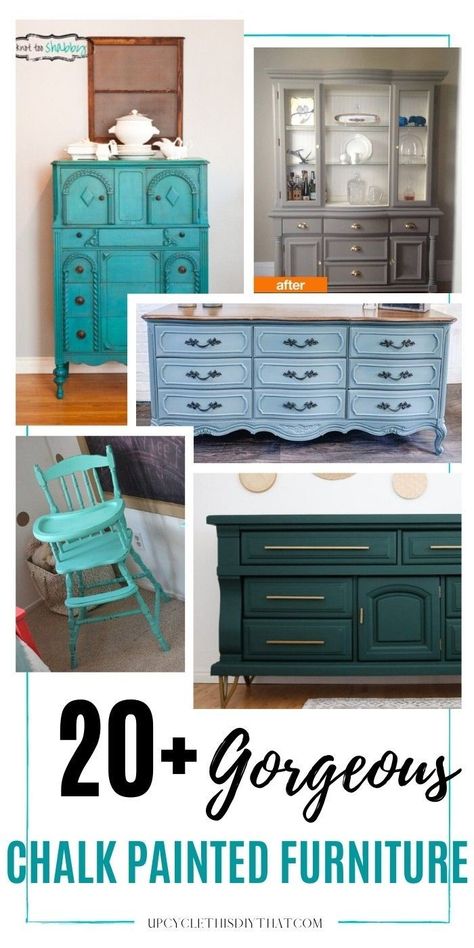 Are you looking for the perfect furniture to make your home look fabulous? If you want a new color, why not try painting it with chalk paint? Chalk is an easy-to-use product that can give your old or dingy furniture a complete transformation. Check out these gorgeous chalk-painted furniture projects. Over 20 cool examples of layered chalk paint, chalk painted fabric, or painted laminate. Great ideas to get you inspired to make your own DIY chalk paint furniture upcycling projects. Chalk Paint Colors Ideas Bedroom, Chalk Paint Color Ideas For Furniture, Painting A Dresser With Chalk Paint, Chalk Paint Ideas For Furniture, Country Chic Paint Projects, Chalk Paint Dresser Ideas Color Combos, Chalk Paint Projects Ideas, Chalk Paint Colors Ideas, Chalk Paint Dresser Ideas