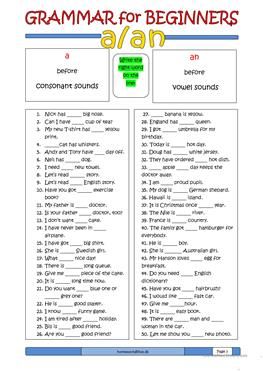 Grammar for Beginners: a or an Esl Worksheets For Beginners, Grammar For Beginners, Esl Grammar, Grammar Quiz, Grammar Exercises, English For Beginners, Teaching English Grammar, English Exercises, English Grammar Worksheets