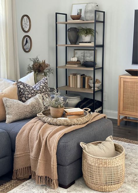 Dark Grey Couch Inspiration, Pillows Black Couch, Black Accent Color Living Rooms, Black And White With Neutrals, Area Rug With Charcoal Couch, Black Brown And Neutral Living Room, Black Floral Pillow, How To Style Gray Couch, Dark Pillows On Light Couch