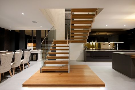 Open Stairs In Living Room, Open Space Living Room, Kitchen Sitting Room, Passive House Design, Staircase Interior Design, Open Plan Kitchen Dining Living, Open Kitchen And Living Room, Green Homes, Stairs In Living Room