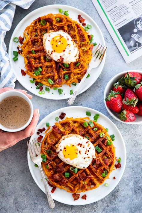 This recipe was sponsored by Jones Dairy Farm and all opinions are my own as usual. These savory bacon and sweet potato waffles are crisp on the outside, packed with tons of flavor and a Paleo Running Momma, Potato Waffles, Whole 30 Meal Plan, Savory Waffles, Sweet Potato Waffles, Sweet Potato Skins, Bacon Potato Salad, Whole 30 Breakfast, Huevos Fritos