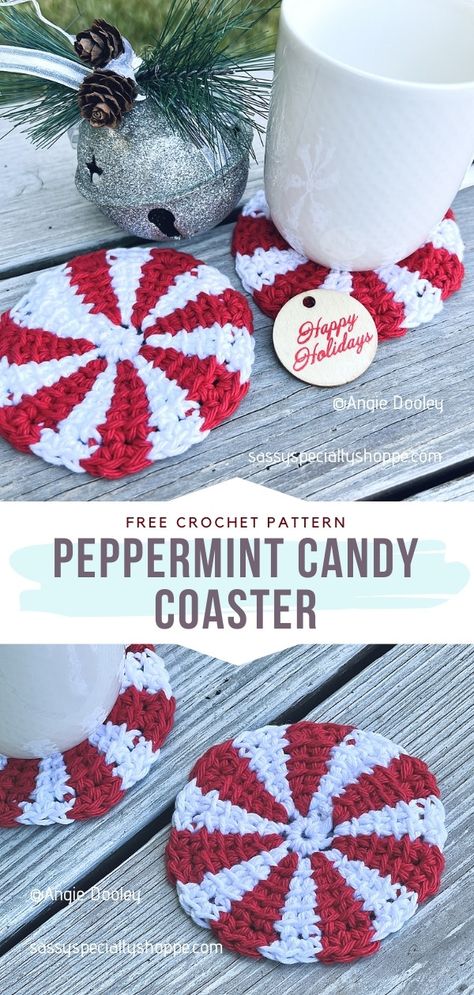 Peppermint Crochet Coasters, Small Crochet Christmas Projects, Christmas Crochet Patterns Free Ornament Xmas, Crochet Christmas Craft Fair Ideas, Quick And Easy Crochet Christmas Gifts, Craft Fair Crochet Ideas To Sell, Crochet Peppermint Candy, Small Christmas Crochet, Easy Christmas Crochet Patterns Free