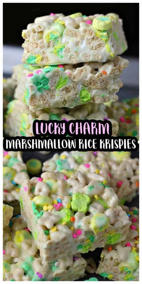 Lucky Charm Marshmallow Rice Krispies for St. Patrick's Day Celebrating #stpatricks #green #holiday #luckycharms #marshmallow #ricekrispies #treats #generalmills Lucky Charm Squares, Rice Krispie Treats Lucky Charms, Lucky Charms Dessert Ideas, Lucky Charm Bars, Lucky Charms Marshmallow Treats, Lucky Charm Desserts, Lucky Charms Bars, Lucky Charms Rice Crispy Treats, Pantry Dessert