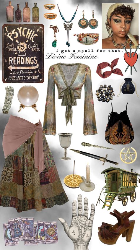 Divine Psychic outfit ideas | A witchy woman with a knack for divination Psychic Outfit Aesthetic, Crystal Witch Aesthetic Outfit, Psychic Costume Halloween, Witchy Party Outfit, Psychic Outfit, Psychic Costume, Autumn Whimsigoth, Psychic Aesthetic, Mystical Outfits