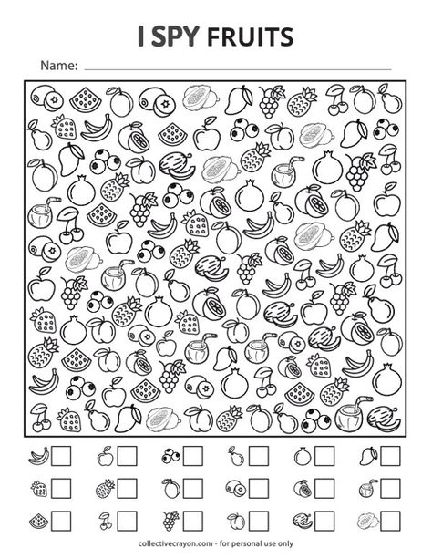 Free Printable I Spy Fruits I Spy Printables For Kids Free, I Spy Worksheets, Printable Fruits, Spy Games For Kids, Mazes For Kids Printable, Free Printable Alphabet Worksheets, Bingo For Kids, Kindergarten Freebies, Indoor Activities For Toddlers