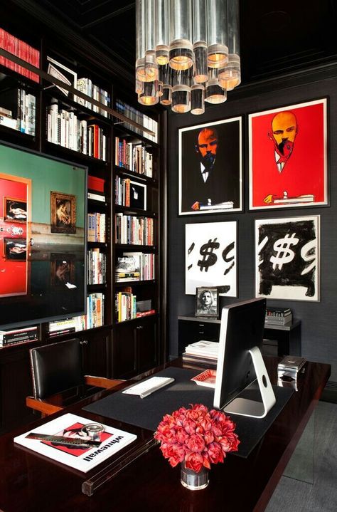 Dark masculine office with pop art Funky Office Ideas, Funky Home Office Design, Fly Aesthetic, Funky Office, Gray Interior Doors, Dark Office, Office Vibes, Future Office, Black Fly