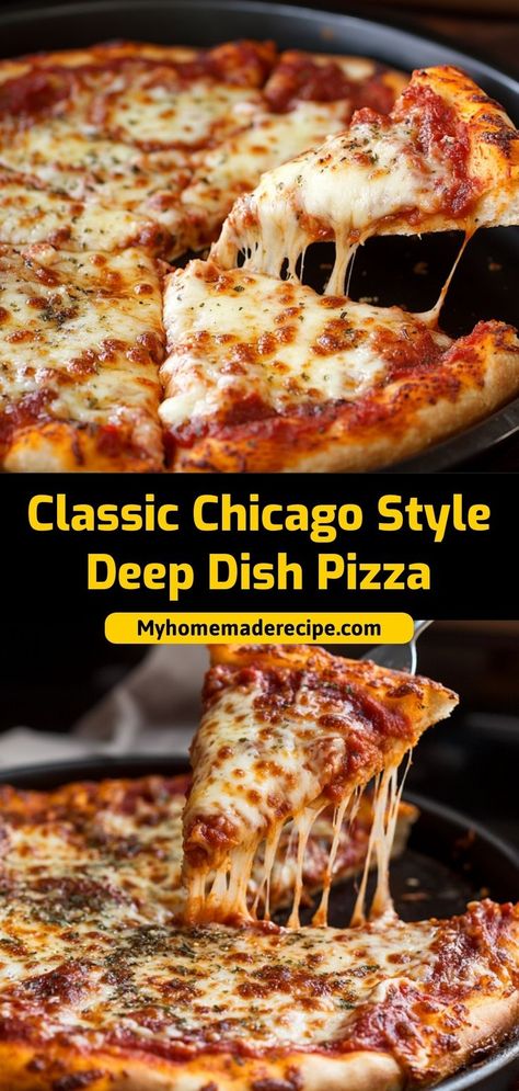 This classic Chicago-style deep dish pizza is thick, cheesy, and loaded with rich tomato sauce. Perfect for a hearty meal! Ingredients: 1 pizza dough 2 cups mozzarella cheese, shredded 1 cup tomato sauce 1 cup Italian sausage, cooked Enjoy this deep-dish pizza for a taste of Chicago at home Detroit Style Deep Dish Pizza Recipe, Chicago Pizza Pot Pie Recipe, Best Pizza Toppings, Chicago Recipes, Chicago Deep Dish Pizza Recipe, Deep Dish Pizza Casserole, Pizza Type Recipes, Deep Dish Pizza Dough, Unique Pizza Recipes