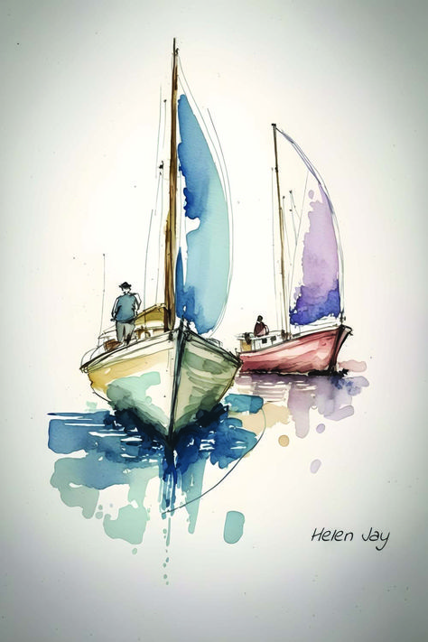 Downloadable digital art Watercolour Boats Simple, Watercolor Simple Art, Aquarelle Art Ideas, Watercolour Boat, Watercolour Boats, Watercolor Art Sea, Simple Watercolour Painting, Sailboat Painting Watercolor, Boats Watercolor