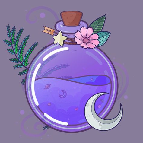 Potion Bottle, ✦ Tealeaf on ArtStation at https://www.artstation.com/artwork/d86PPQ Kawaii Potion Bottle, Potion Bottle Sketch, Spell Bottle Drawing, Potion Illustration Bottle, Cute Potion Bottles Drawing, Potion Bottle Painting, Stained Glass Potion Bottle, Potion Bottle Illustration, Potion Bottle Art