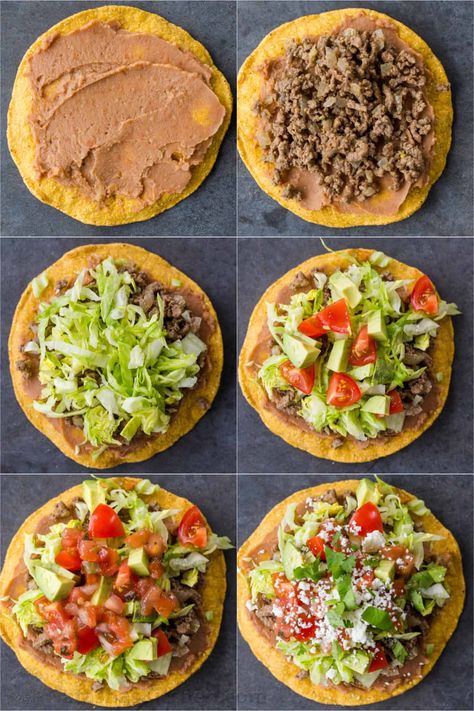 Homemade Tostadas are so satisfying and easy to make. These are loaded with refried beans, beef, and all of the best tostada toppings. Mexican Food Recipes Tostadas, Easy Tostada Recipes Simple, Camping Mexican Food, What To Make With Tostada Shells, Refried Beans Meal Ideas, Refried Bean Tostadas, Side Dishes For Burritos, Healthy Mexican Snacks, Refried Beans Dinner Ideas