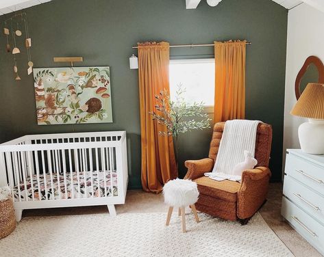 Woodland vibes. Loving the pops of rust paired with the olive wall. So chic!  📸: @_maggieanderson_ Orange Nursery, Baby Nursery Inspiration, Baby Room Neutral, Girl Nursery Room, Nursery Room Design, Baby Boy Room Nursery, Baby Room Inspiration, Green Nursery, Nursery Room Inspiration