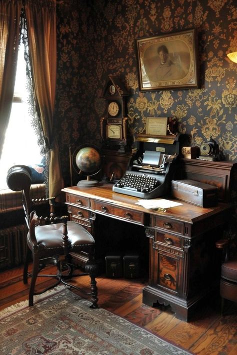 Dark Oak Desks, 1900s Room Aesthetic, Victorian Study Aesthetic, 1800 Home Decor, Gothic Study Aesthetic, Victorian Desk Aesthetic, Typewriter Aesthetic Vintage Typewriters, Dark Academia Aesthetic Office, Victorian Office Aesthetic