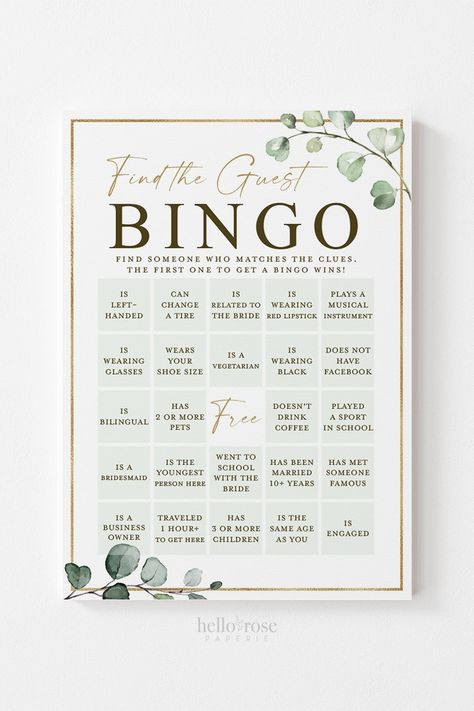 Bridal Shower Find The Guest Game, Bridal Shower Games Bingo, Boho Bridal Shower Ideas Green, Find The Guest Bingo Bridal Shower Game, Find The Guest Bridal Shower Game, Wedding Guest Bingo, Bridal Party Game Ideas, Elegant Fall Bridal Shower Ideas, Boho Bridal Shower Games