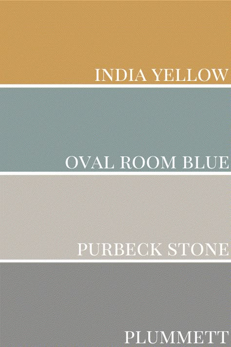 Farrow & Ball India Yellow Colour Review by Claire Jefford Plummett Farrow And Ball Living Rooms, Blue And Stone Living Room, Yellow And Blue Hallway, Oval Blue Farrow And Ball, Oval Room Blue Colour Palette, Colors That Go Well With Yellow, Purbeck Stone Bedroom, Oval Room Blue Colour Scheme, Oval Room Blue Hallway