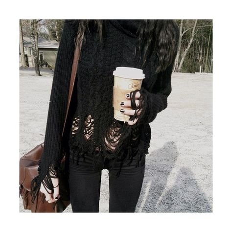 Tumblr ❤ liked on Polyvore featuring pictures, icons and photos Ripped Shirts, Aesthetic Sweaters, Black Knit Sweater, Urban Dresses, Grunge Goth, All Black Outfit, Urban Wear, Glam Rock