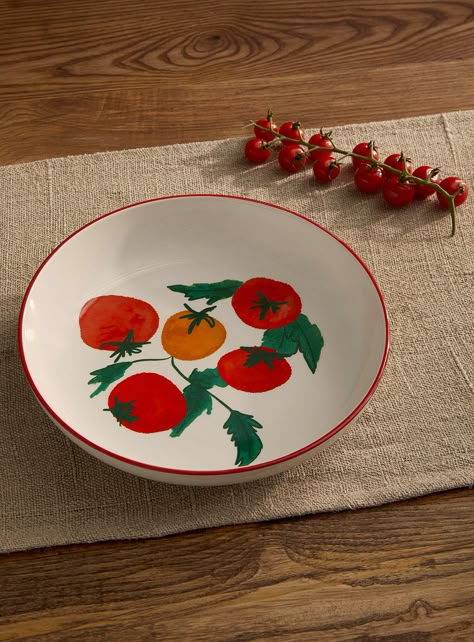 Home > Kitchen & Dining > Dinnerware & Utensils Simons Maison - Fresh tomatoes pasta bowl Simons Maison  Designed in our studios exclusively for Simons Maison   A playful and appetizing pattern that will brighten your weeknight meals! Pretty contrasting red border Porcelain with a lustrous finish Dishwasher and microwave safe Matching items also available 9.5" (24 cm) in diameter x 2" (5 cm) tall Hand Painted Pasta Bowl, Pottery Pasta Bowl, Pasta Bowl Pottery Painting, Fresh Tomatoes Pasta, Ceramic Pasta Bowls, Patterned Bowl, Pretty Bowls, Fresh Tomato Pasta, Ceramic Cafe