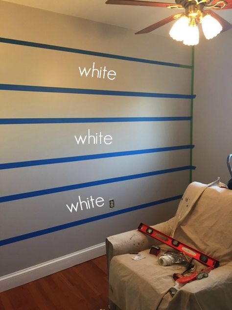 Easy Nursery Accent Wall, Stripe Paint Ideas For Walls, Stripe Wall Paint Ideas, Striped Bedroom Walls, Painters Tape Design Wall, Stripes Wall Paint, Blue Striped Walls, Striped Accent Walls, Striped Accent Wall