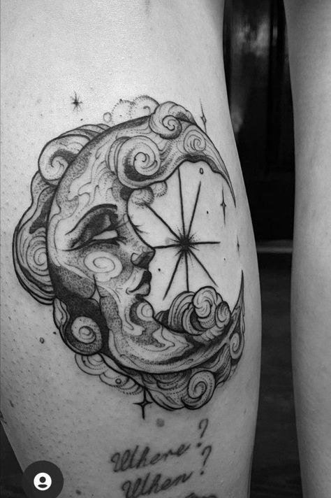 Funny Armpit Tattoo, Feminine Moon Face Tattoo, Moon On Elbow Tattoo, Celestial Leg Sleeve Tattoo, Neotraditional Moon Tattoo, Thigh Moon Tattoo, Celestial Half Sleeve Tattoo, Hipster Tattoos Women, Floral Celestial Tattoo