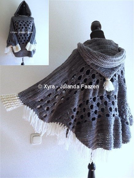 PATR1032 - Poncho met mouwen en capuchon Crochet Poncho With Sleeves, Cape Au Crochet, Poncho Au Crochet, Poncho With Sleeves, Crocheted Shawl, Hood Pattern, Crochet Cape, Poncho Crochet, Irish Crochet Dress