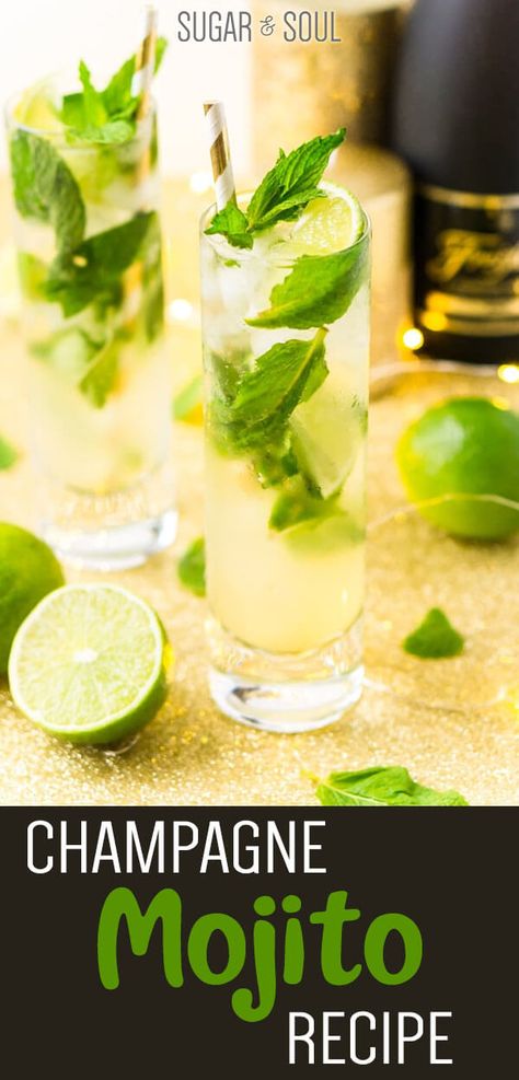 This Champagne Mojito Recipe is a bubbly twist on the classic cocktail making it perfect for parties and celebrations. Made with fresh limes, mint, simple syrup, rum, and champagne, everyone will love this zesty and refreshing cocktail! Champagne Summer Drinks, Champagne Drinks Recipes, Summer Champagne Cocktails, Champagne Mojito, Summer Rum Cocktails, Mojito Recipe Classic, Champagne Recipe, Cocktail Champagne, Mint Cocktails