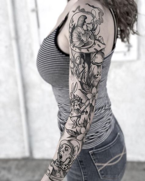 Wonderland Tattoo Sleeve, Alice In Wonderland Sleeve, Alice In Wonderland Tattoo Sleeve, Alice In Wonderland Tattoos, Alice In Wonderland Tattoo, Alice And Wonderland Tattoos, Disney Sleeve, Wonderland Tattoo, Full Sleeve Tattoos