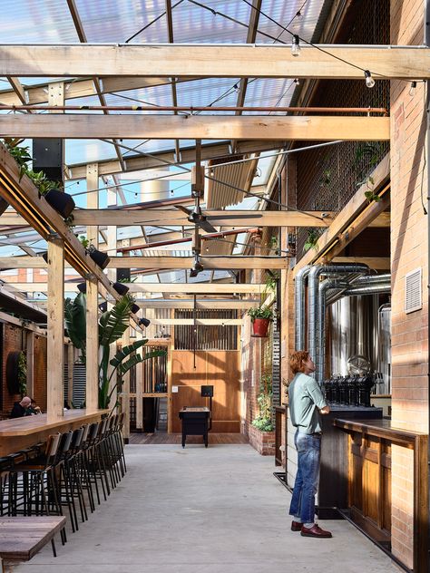 » Stomping Ground Brewery by studio Y & PlaceFormSpace Brewery Design, Beer Hall, Factory Lighting, Timber Beams, Unique Light Fixtures, Lighting Concepts, Adaptive Reuse, Beer Garden, Inner City