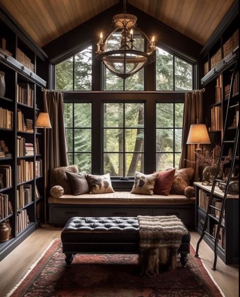 Moody Vintage Office, Cozy Dark Academia Bedroom, Dark Academia Reading Nook, Dark Academia Home Aesthetic, Dark Acadamia Bedrooms, Boho Interior Design Living Room, Glass Decoration Ideas, Moody Library, Granny Pad