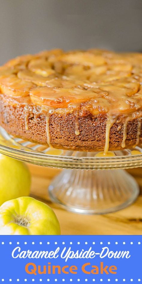 This decadent Upside-Down Quince Cake screams: "Welcome, Fall!" From the moist, cinnamon-flavored cake, to the perfectly cooked quince. The caramel drizzle just takes it over the top! #quincecake #quincerecipes #quince #hildaskitchenblog Quince Jam Recipe, Quince Recipes, Quince Fruit, Quince Cake, Fruit Cookies, Caramel Drizzle, Recipes With Few Ingredients, Decadent Cakes, Caramel Recipes