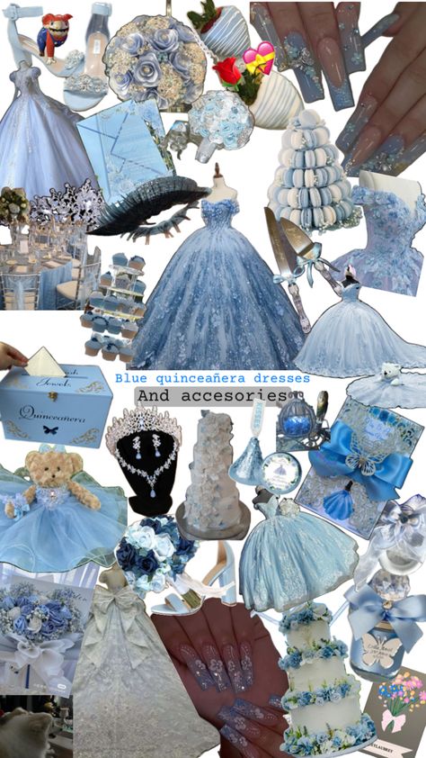 I want to have a blue quince so I did this for myself and for others that what a blue quince too Blue Quince Dress With Butterflies, Sweet 15 Cinderella Theme, Cinderella Quinceanera Themes Ideas, Quince Teddy Bear Blue, Quince Light Blue Theme, Damas Dresses For Quince Blue, Quinceanera Themes Blue, Sky Blue Quinceanera Theme, Cinderella Quince Dress