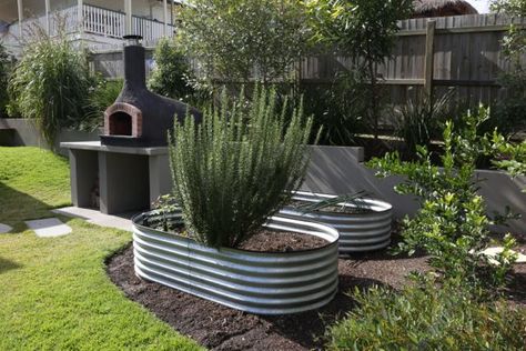 Herb and Vegetable Planters in corrugated galvanised iron Corrugated Iron Garden Beds, Galvanised Planter Ideas, Galvanised Planter, Vegetable Garden Beds, Galvanized Planters, Raised Vegetable Gardens, Vegetable Planters, Backyard Dreams, Moon Gate