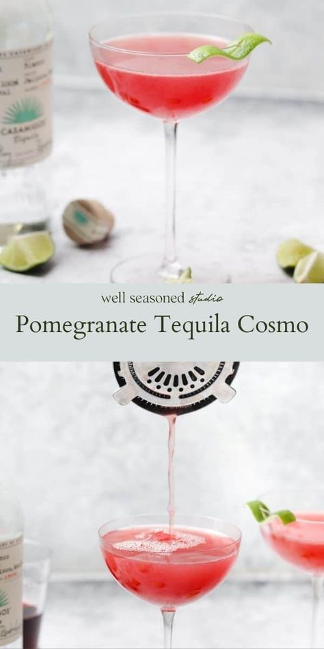 Tequila Martinis, Tequila Cosmo, Easy Tequila Cocktails, Pomegranate Tequila, Elegant Drinks, Tequila Martini, Pomegranate Drinks, Bartending 101, Pom Juice