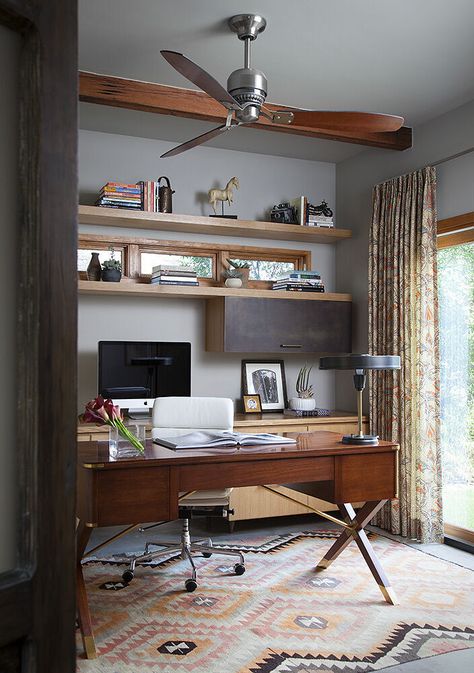 Home office merges comfort with style, featuring a sleek wooden desk and modern decor. Natural light highlights the warm tones and unique patterned rug. Craftsman Office, Craftsman Home Office, Contemporary Craftsman Home, Austin Interior Design, Stylish Home Office, Contemporary Craftsman, Light Highlights, Patterned Rug, Home Office Ideas