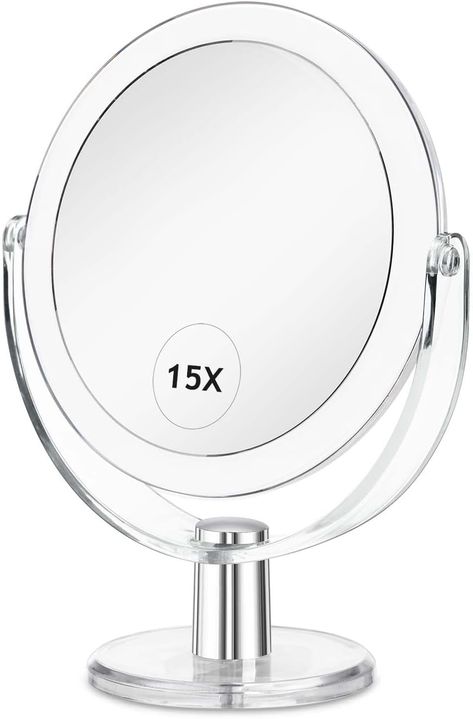 DOUBLE SIDED MAGNIFYING MIRROR - Double-sided Makeup Mirror design (a side 1:1，other side 1:15). Classic dual-sided design will much more easier to get a flawless makeup look. 15X MAGNIFYING HIGH-DEFINITIONR - Perfect for up close tweezing or makeup application. Such as makeup, wearing contact lenses and eyebrow tweezing, shaving, hair styling, facial care or applying mascara. 360° SWIVEL MIRROR - It can be rotated 360 degrees. You can adjust the mirror to any angle for great viewing Flawless Makeup Look, Gifts For Makeup Lovers, Mirror With Stand, Tweezing Eyebrows, Face Mirrors, Double Sided Mirror, Shaving Mirror, Flawless Makeup Application, Mirror Makeup