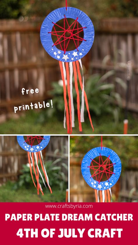 We have a 4th of July paper plate dream catcher craft perfect to introduce weaving to kids! This is a great patriotic craft idea to do with preschoolers, kindergarteners and elementary school kids. This woven paper plate dream catcher is made in red, blue, and white colors and is perfect for Flag Day, July 4th, and Memorial Day. #craftsbyria #fourthofjulycraft July 4 Crafts For Kindergarten, Fun Fourth Of July Crafts For Kids, 4th Of July Crafts For Elementary Kids, Party In The Usa Activities For Kids, Usa Themed Crafts, 4th Of July Arts And Crafts For Preschoolers, 4th Of July Crafts For Teens, 4th Of July Activities For Teens, July 4th Kids Crafts