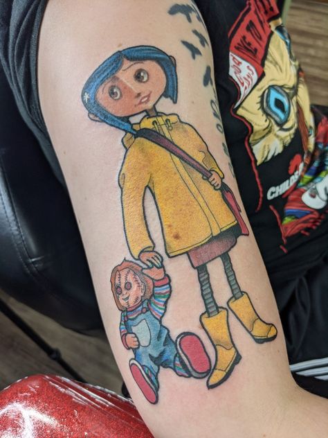 #coraline
#chuckydoll Chucky Doll Tattoo, Childs Play Tattoo, Caroline Tattoo, Play Tattoo, Chucky Tattoo, Coraline Tattoo, Kitty Tattoos, Doll Tattoo