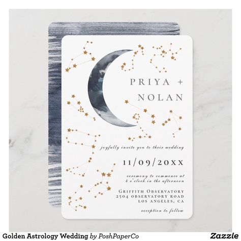 Golden Astrology Wedding Invitation Astrology Wedding, Celestial Wedding Invitations, Celestial Wedding Theme, Stars Wedding, Starry Night Wedding, How To Dress For A Wedding, The Moon And Stars, Moon Wedding, Celestial Wedding