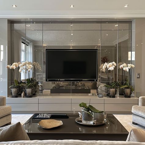 Luxurious Tv Wall, Contemporary Tv Wall, Classic Tv Wall, Tv Wall Units, Mirror Decor Living Room, Tv Unit Design Modern, Mirror Interior Design, Tv Wall Cabinets, Modern Luxury Interior