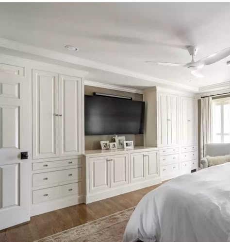 Wall Closet Ideas Bedroom With Tv, Bedroom Storage With Tv, Built In Dresser In Bedroom Master Suite With Tv, Master Built Ins, Television In Bedroom Ideas, Built In Dresser In Bedroom With Tv, Large Bedroom Ideas Master Suite With Tv, Full Wall Wardrobe With Tv, Tv In Bedroom Closet