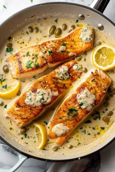 Creamy Salmon Piccata - MmmRecipes : Easy and Delicious Recipes Salmon Picatta Recipe, Tilapia Piccata Recipe, Salmon Piccata, Piccata Sauce, Piccata Recipe, Fish Dinner Recipes, Poached Salmon, Salmon Pasta, Butter Pasta