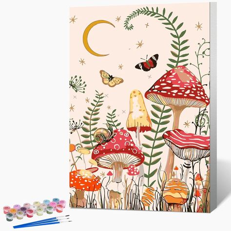 Amazon.com: Framed Paint by Numbers Kit for Adults Beginner, Easy Acrylic Paint by Numbers Kits on Canvas Framed 8x12 inch with Paints and Brushes, Moon Mushroom Forest Butterfly Colorful Mushroom Art, Spring Mushrooms, Easy Oil Painting, Forest Butterfly, Moon Mushroom, Paints And Brushes, Mushroom Painting, Acrylic Diy, Mushroom Paint